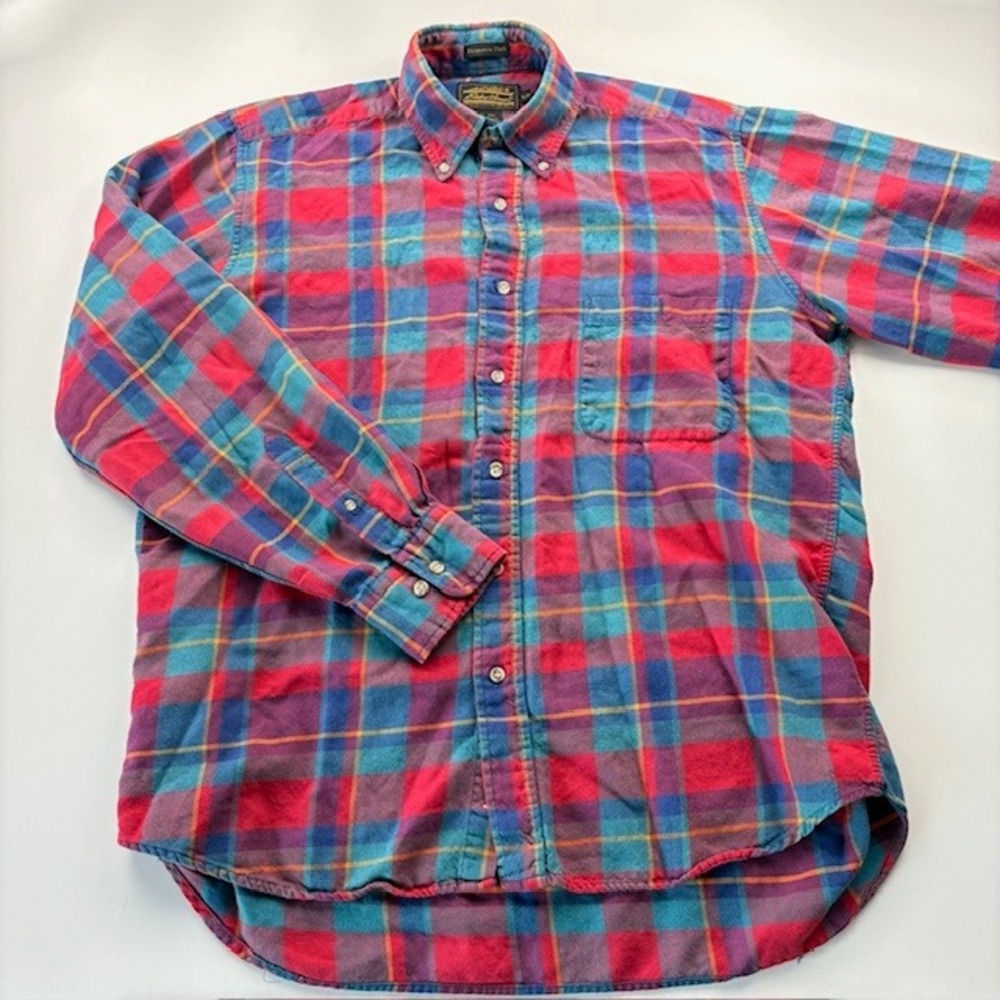 Eddie Bauer Men's L Plaid Button Down Shirt 60 Cotton 40 Wool Blend Warm Casual